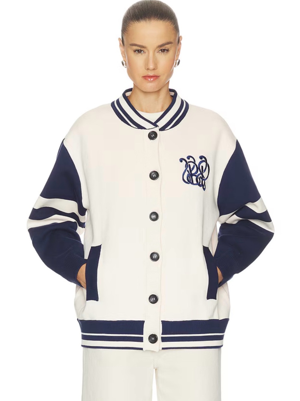 Cream and Navy Contrast-Sleeve Varsity Jacket - Picture 5 of 5